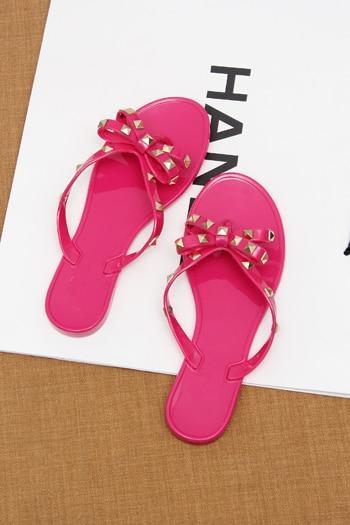 fashion women sandals flat jelly shoes bow V flip flops stud beach shoes - Image 13