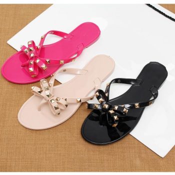 fashion women sandals flat jelly shoes bow V flip flops stud beach shoes - Image 2
