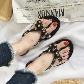 fashion women sandals flat jelly shoes bow V flip flops stud beach shoes - Image 6