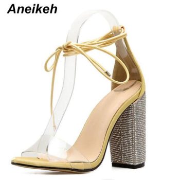 Aneikeh Women High Heels Sandals Square Heels Crystal Heeled Platform Shoes - Image 8