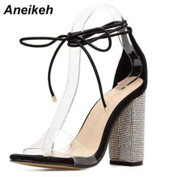 Aneikeh Women High Heels Sandals Square Heels Crystal Heeled Platform Shoes
