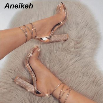 Aneikeh Women High Heels Sandals Square Heels Crystal Heeled Platform Shoes - Image 2