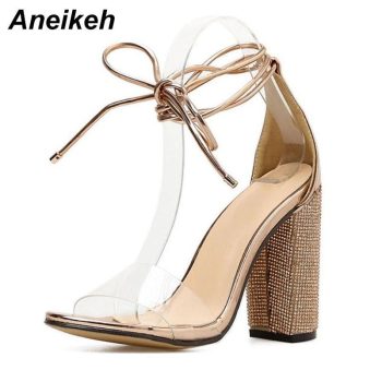Aneikeh Women High Heels Sandals Square Heels Crystal Heeled Platform Shoes - Image 5