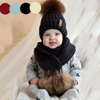 Winter Baby Real Fur Pompom Knit Beanie and Scarves Set for Kids