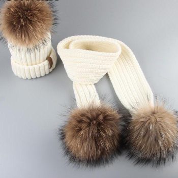 Winter Baby Real Fur Pompom Knit Beanie and Scarves Set for Kids - Image 3