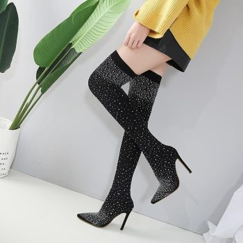 Women Casual Boots Sexy Pointed Toe Crystal Elastic High Heels Stockings Booties - Image 5