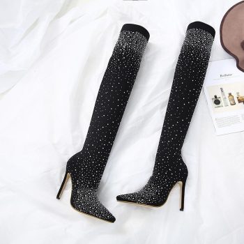 Women Casual Boots Sexy Pointed Toe Crystal Elastic High Heels Stockings Booties