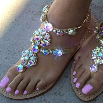 Women Shoes Rhinestones Chains Thong Gladiator Flat Sandals - Image 6