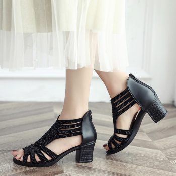 Women Fashion Crystal Hollow Out Peep Toe Wedges Sandals - Image 3