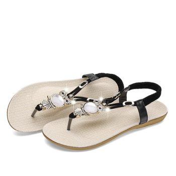 fashion women sandals elastic t-strap bohemia beaded owl slipper flat sandals - Image 6