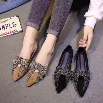 crystal bow-knot moccasins pointed toe flock loafers - Image 5