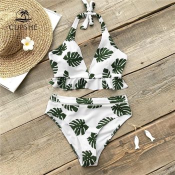 White And Green Leaves Bikini set